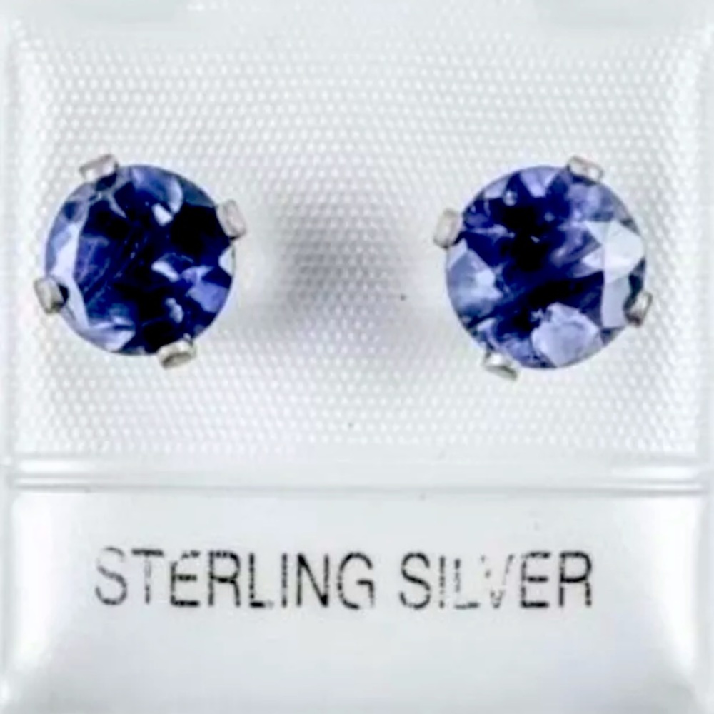 925 Sterling Silver Earrings Round, Studs, Genuine Iolite .84ct